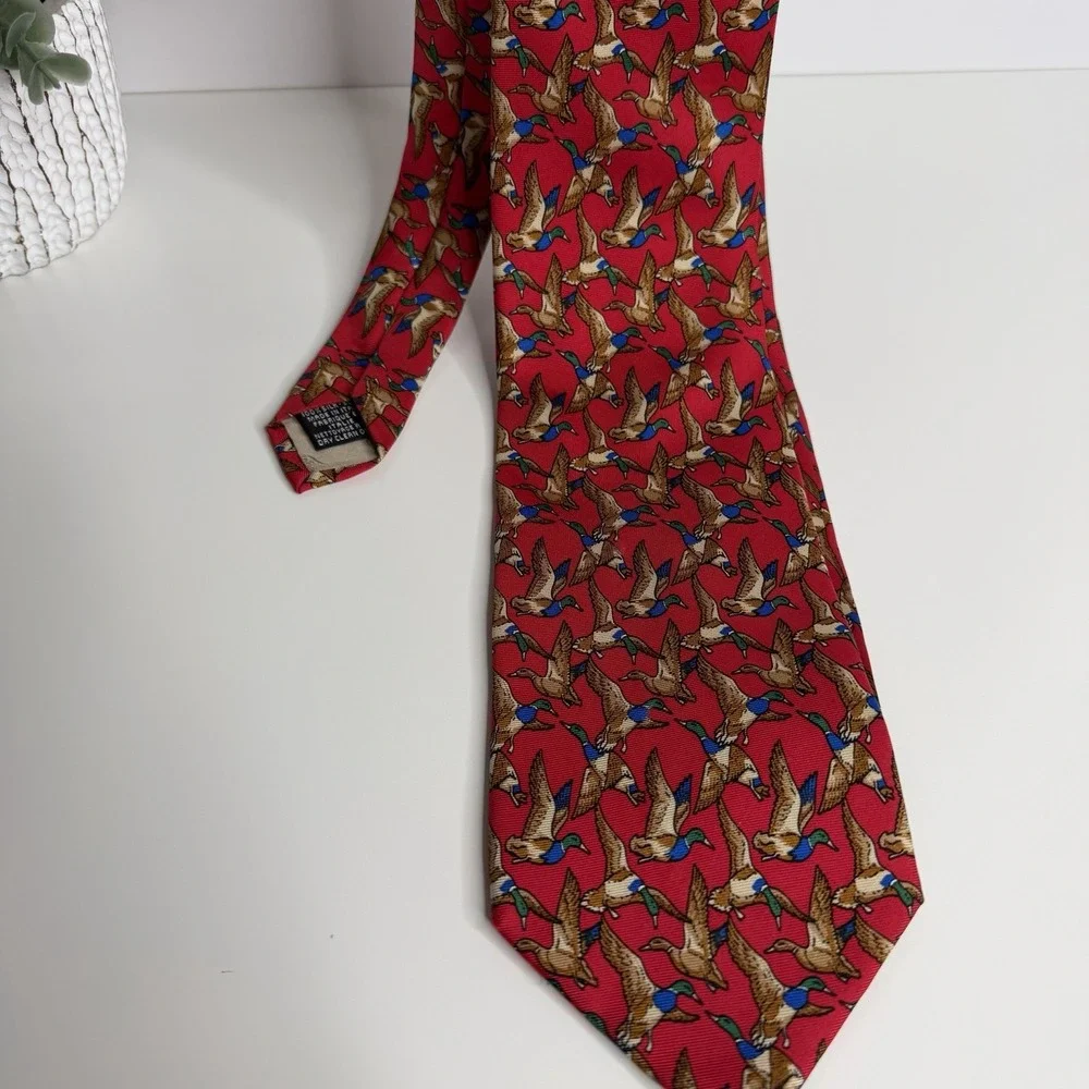 Beauport Red Silk Necktie Flying‎ Mallard Duck 3 3/4